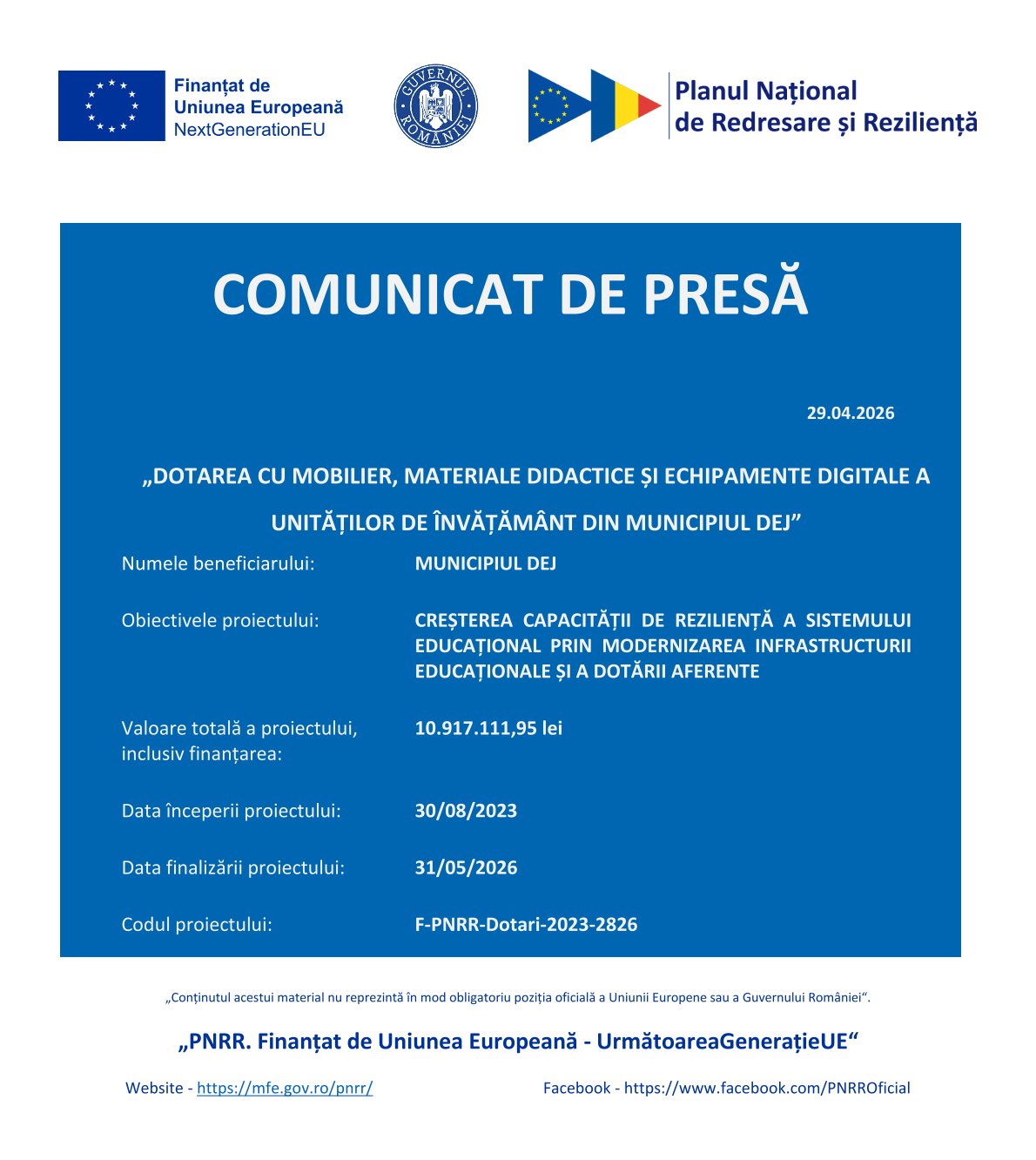 Comunicat de presă „Dotarea cu mobilier, materiale didactice și echipamente digitale a unităților de învățământ din municipiul Dej” 