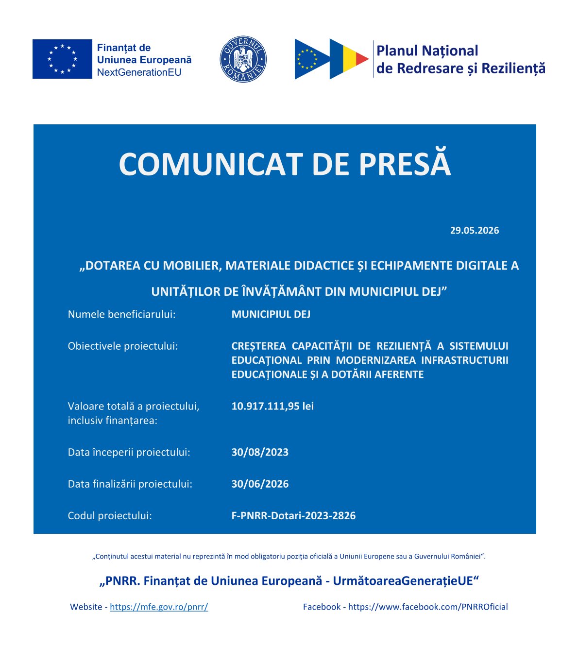 Comunicat „Dotarea cu mobilier, materiale didactice și echipamente digitale a unităților de învățământ din Municipiul Dej”